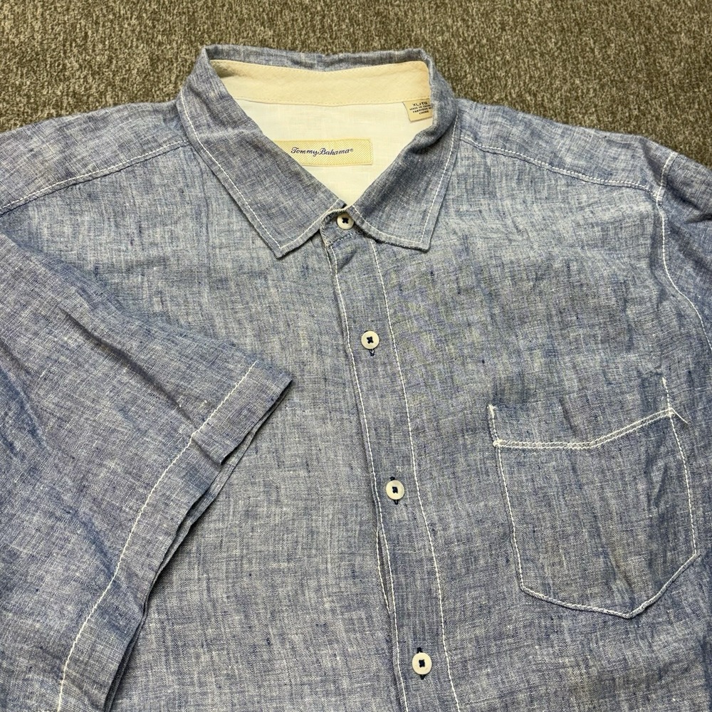 Tommy Bahama Shirt Mens Size XL Blue Chambray Linen Party Breezer Short Sleeve